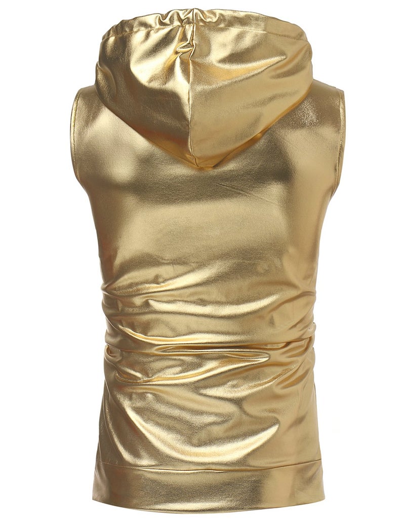 ZEROYAA Mens Hipster Metallic Zip Up Sleeveless Hooded Vest T Shirt with Kangaroo Pocket Z86 Gold Large - Image 2